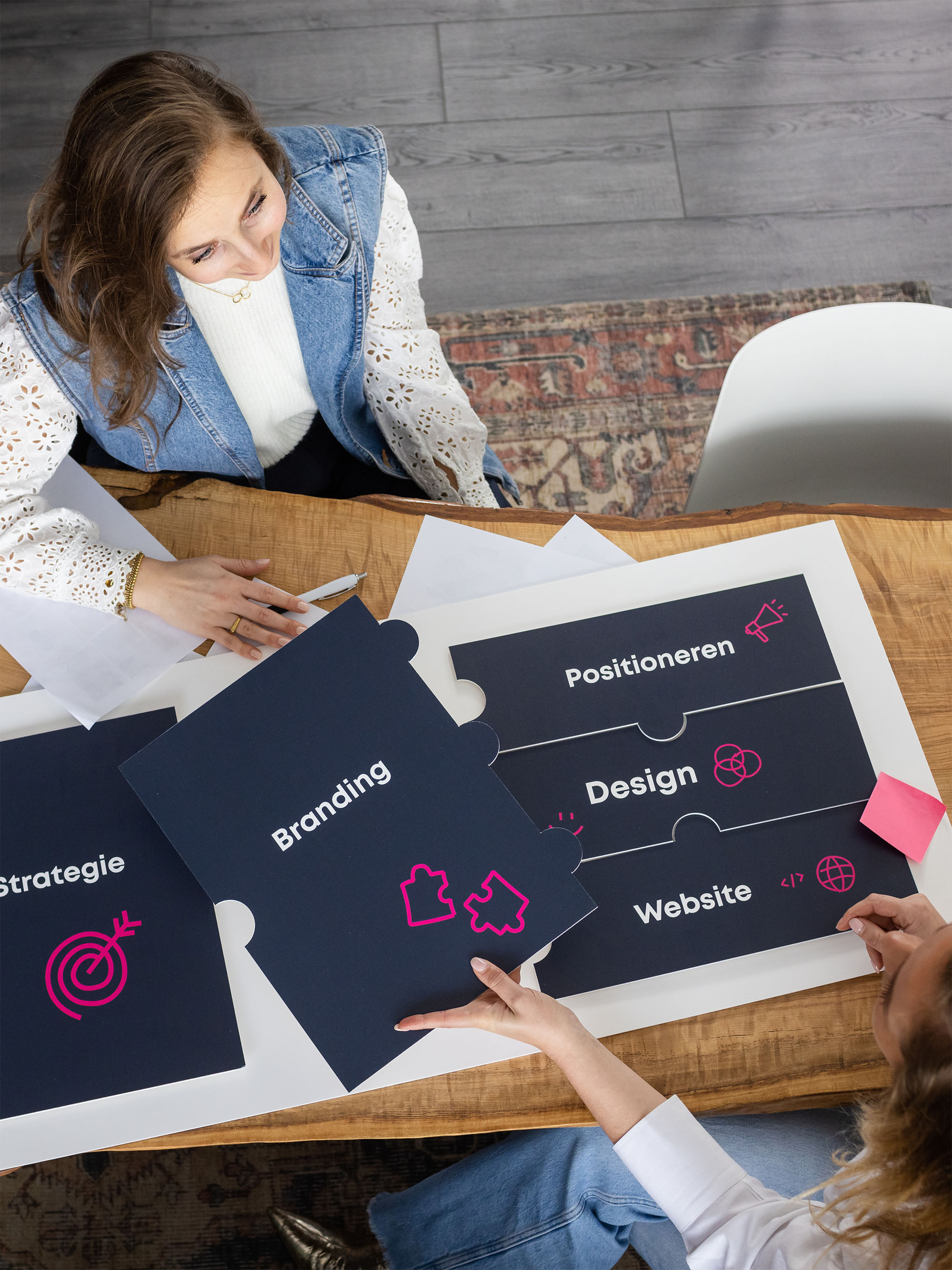 Twee strategen aan tafel werken de positionering uit voor een doordachte merkstrategie.